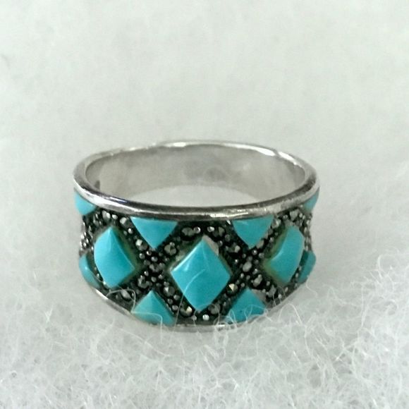 Vintage Sterling Turquoise Marcasite Inlay Ring 7.75 - Picture 11 of 12